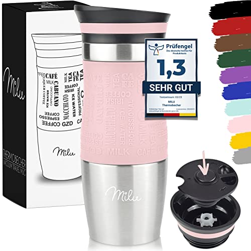 Milu Thermobecher 370ml 450ml Isolierbecher Kaffeebecher to go - 100% Auslaufsicher - Trinkbecher aus Edelstahl - Autobecher doppelwand Isolierung - Thermo Becher - Travel Mug (Rosa, 370ml) von Milu