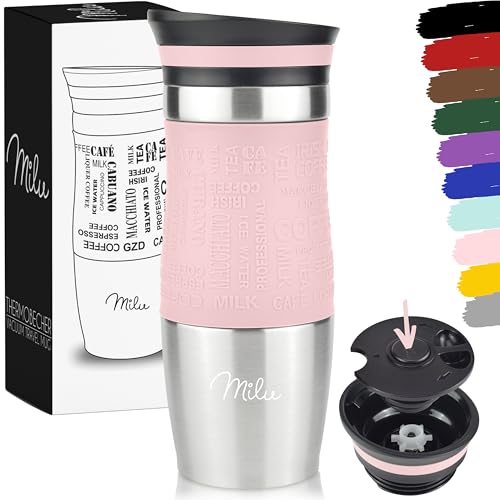 Milu Thermobecher Kaffee to go 370ml, 450ml Isolierbecher Kaffeebecher - 100% Auslaufsicher - Trinkbecher aus Edelstahl - Autobecher doppelwand Isolierung - Travel Mug (Rosa, 370ml) von Milu