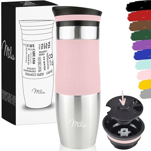 Milu Thermobecher 370ml 450ml Isolierbecher Kaffeebecher to go - 100% Auslaufsicher - Trinkbecher aus Edelstahl - Autobecher doppelwand Isolierung - Thermo Becher - Travel Mug (Rosa, 450ml) von Milu