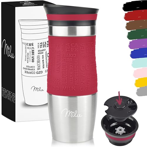 Milu Thermobecher Kaffee to go 370ml, 450ml Isolierbecher Kaffeebecher - 100% Auslaufsicher - Trinkbecher aus Edelstahl - Autobecher doppelwand Isolierung - Travel Mug (Rot, 370ml) von Milu
