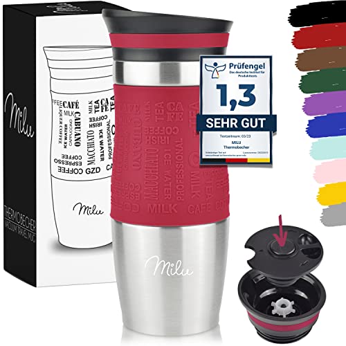 Milu Thermobecher 370ml 450ml Isolierbecher Kaffeebecher to go - 100% Auslaufsicher - Trinkbecher aus Edelstahl - Autobecher doppelwand Isolierung - Thermo Becher - Travel Mug (Rot, 370ml) von Milu