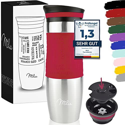 Milu Thermobecher 370ml 450ml Isolierbecher Kaffeebecher to go - 100% Auslaufsicher - Trinkbecher aus Edelstahl - Autobecher doppelwand Isolierung - Thermo Becher - Travel Mug (Rot, 450ml) von Milu