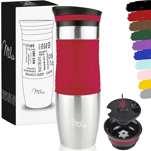 Milu Thermobecher Kaffee to go 370ml, 450ml Isolierbecher Kaffeebecher - 100% Auslaufsicher - Trinkbecher aus Edelstahl - Autobecher doppelwand Isolierung - Travel Mug (Rot, 450ml) von Milu