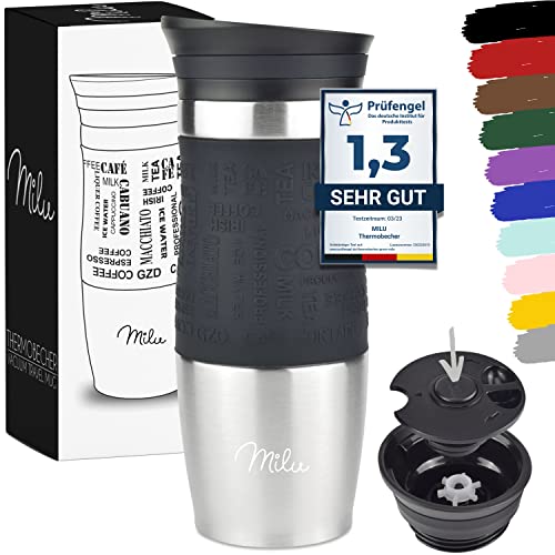 Milu Edelstahl Thermobecher to go - 370ml, 450ml - 100% Auslaufsicher - Trinkbecher - Autobecher doppelwand Isolierung - Isolierbecher Kaffeebecher Travel Mug (Schwarz, 370 ml) von Milu