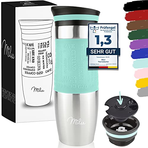 Milu Thermobecher 370ml 450ml Isolierbecher Kaffeebecher to go - 100% Auslaufsicher - Trinkbecher aus Edelstahl - Autobecher doppelwand Isolierung - Thermo Becher - Travel Mug (Türkis, 450ml) von Milu