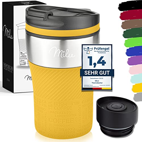 Milu Thermobecher Isolierbecher Kaffeebecher to go - 210ml 100% Auslaufsicher - Trinkbecher aus Edelstahl - Autobecher doppelwand Isolierung - Thermo Becher - Travel Mug (Mango) von Milu