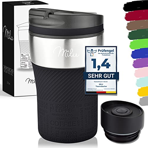 Milu Thermobecher Isolierbecher Kaffeebecher to go - 210ml 100% Auslaufsicher - Trinkbecher aus Edelstahl - Autobecher doppelwand Isolierung - Thermo Becher - Travel Mug (Schwarz) von Milu