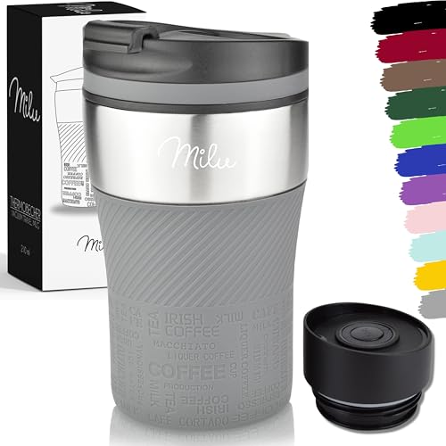 Milu Thermobecher Kaffee to go - 210ml - 100% Auslaufsicher – Isolierbecher, Kaffeebecher, Trinkbecher aus Edelstahl - Autobecher doppelwand Isolierung - Travel Mug (Grau) von Milu