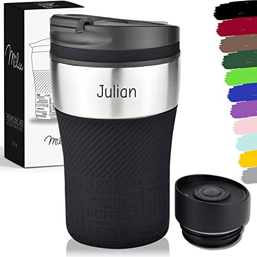 Milu Thermobecher mit Gravur - 210ml - Geschenkidee personalisiertes Geschenk mit Namen Vatertag für Männer Frauen Mama Papa Freundin (210ml, Schwarz) von Milu