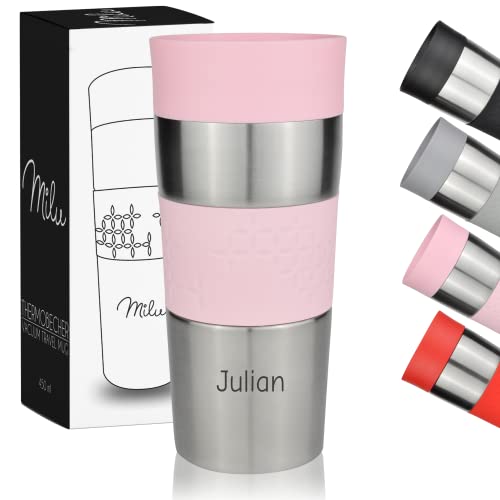 Milu Thermobecher mit Gravur - 350ml - Geschenkidee personalisiert Geschenk Geburtstagsgeschenk Vatertag für Männer Frauen Mama Papa Freundin (350ml, Rosa) von Milu