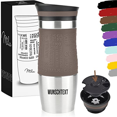 Milu Thermobecher mit Gravur - 370ml 450ml - Geschenkidee personalisiertes Geschenk mit Namen Weihnachten für Männer Frauen Mama Papa Freundin (370ml, Braun) von Milu