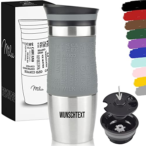 Milu Thermobecher mit Gravur - 370ml 450ml - Geschenkidee personalisiertes Geschenk mit Namen Weihnachten für Männer Frauen Mama Papa Freundin (370ml, Grau) von Milu