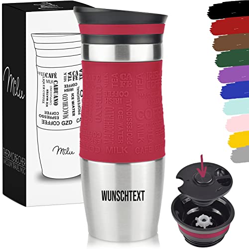 Milu Thermobecher mit Gravur - 370ml 450ml - Geschenkidee personalisiertes Geschenk mit Namen Weihnachten für Männer Frauen Mama Papa Freundin (370ml, Rot) von Milu