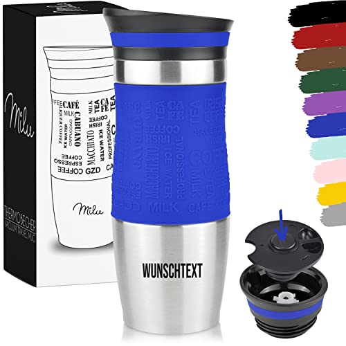 Milu Thermobecher mit Gravur - 370ml 450ml - Geschenkidee personalisiertes Geschenk mit Namen Weihnachten für Männer Frauen Mama Papa Freundin (Blau, 370ml) von Milu