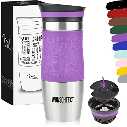 Milu Thermobecher mit Gravur - 370ml 450ml - Geschenkidee personalisiertes Geschenk mit Namen Weihnachten für Männer Frauen Mama Papa Freundin (Violett, 370ml) von Milu