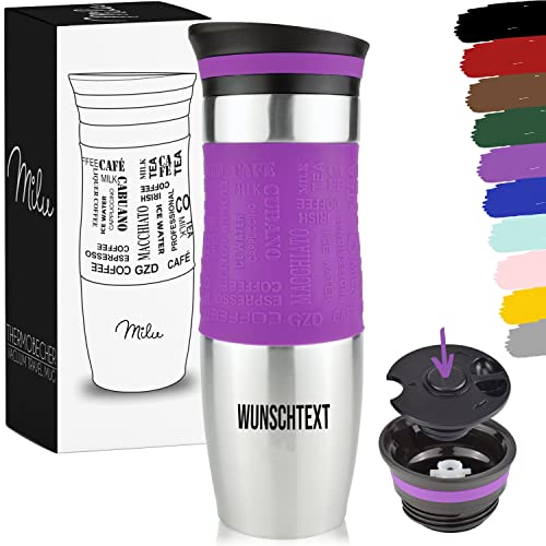 Milu Thermobecher mit Gravur - 370ml 450ml - Geschenkidee personalisiertes Geschenk mit Namen Weihnachten für Männer Frauen Mama Papa Freundin (Violett, 450ml) von Milu