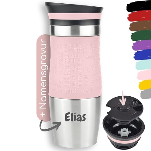 Milu® Thermobecher mit Gravur personalisiert - als Geschenk-Idee Valentinstag Ostern Vatertag Muttertag Weihnachten Geburtstag Freund Mitarbeiter Frauen und Männer Mama Papa (Rosa, 370ml + Gravur) von Milu