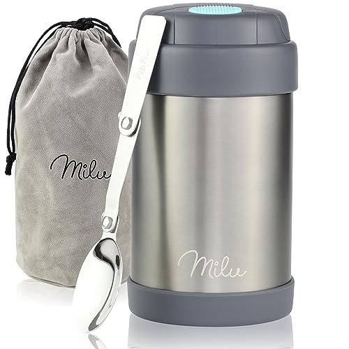 Milu® Thermobehälter für Essen Kinder 440ml, Edelstahl Warmhaltebehälter mit Löffel, Thermobecher 100% Auslaufsicher, Thermo Lunchbox, Thermobox Suppen, Babybrei, Speisebehälter Grau, 440ml von Milu