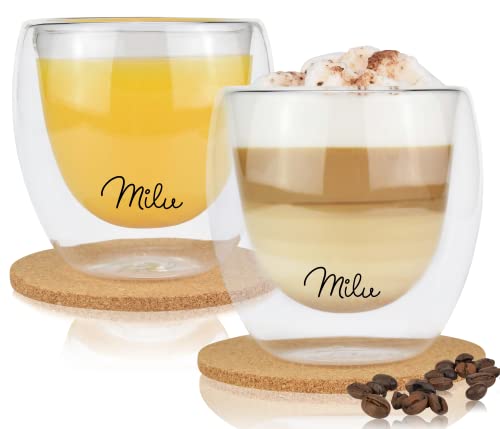 Milu Thermogläser Set – 4 vers. Größen - Doppelwandige Espresso Gläser - Kaffeegläser, Latte Macchiato, Cappuccino Glas - Isolierglas, spülmaschinenfest (2 Gläser, 250ml) von Milu