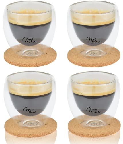 Milu Thermogläser Set – 4 vers. Größen - Doppelwandige Espresso Gläser - Kaffeegläser, Latte Macchiato, Cappuccino Glas - Isolierglas, spülmaschinenfest (4 Gläser, 80ml) von Milu