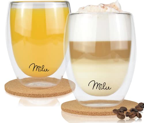 Milu Thermogläser Set – 4 vers. Größen - Doppelwandige Espresso Gläser - Kaffeegläser, Latte Macchiato, Cappuccino Glas - Isolierglas, spülmaschinenfest (2 Gläser, 350ml) von Milu
