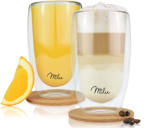 Milu Thermogläser Set – 4 vers. Größen - Doppelwandige Espresso Gläser - Kaffeegläser, Latte Macchiato, Cappuccino Glas - Isolierglas, spülmaschinenfest (2 Gläser, 450ml) von Milu