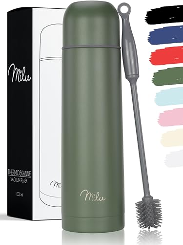 Milu Thermosflasche Thermoskanne Isolierflasche 1L, 750ml, 500ml - Isolierte Edelstahl Trinkflasche, 100% Auslaufsicher, Doppelwandisolierung (Olivgrün, 750ml) von Milu
