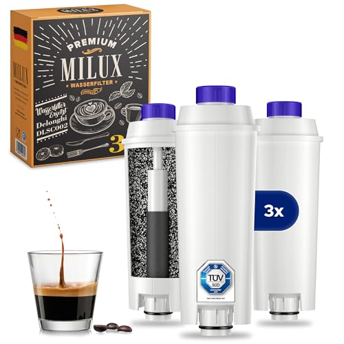 MILUX® Delonghi Wasserfilter für Kaffeemaschinen & Espressomaschinen [3er Set] - Wasserfilter für DLSC002, Magnifica S/evo, Dinamica & Eletta Explorer - Delonghi Filterkartusche - TÜV zertifiziert von Milux