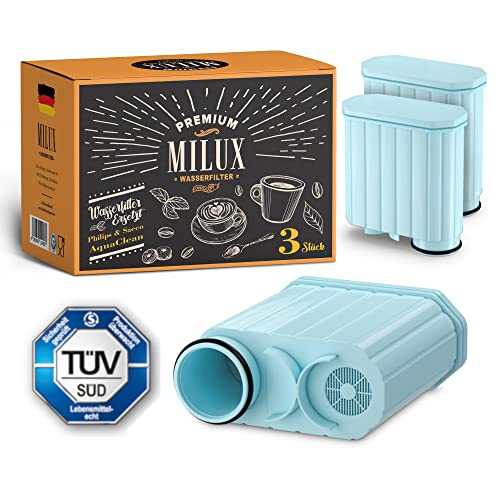 MILUX® Premium Wasserfilter Ersatz für Philips & Saeco Aqua Clean [3er Set] - Philips Filter Aquaclean - Saeco Kaffeevollautomat Xelsis - Filterkaffemaschine Latte Go & Co - TÜV zertifiziert von Milux