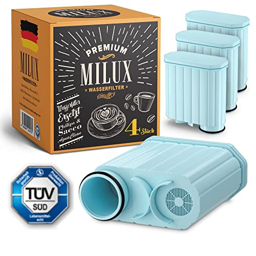 MILUX® Premium Wasserfilter Ersatz für Philips & Saeco Aqua Clean [4er Set] - Philips Filter Aquaclean - Saeco Kaffeevollautomat Xelsis - Filterkaffemaschine Latte Go & Co - TÜV zertifiziert von Milux