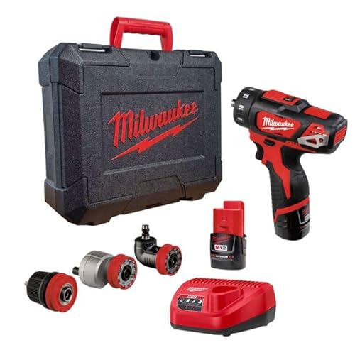 Milwaukee M12BDDXKIT-202C M12 4-in-1 Bohrschrauber-Set (2 x 2,0 Ah Li-Ion-Akkus, Ladegerät, 10 mm Bohrfutter und zusätzliche Köpfe) von Milwaukee
