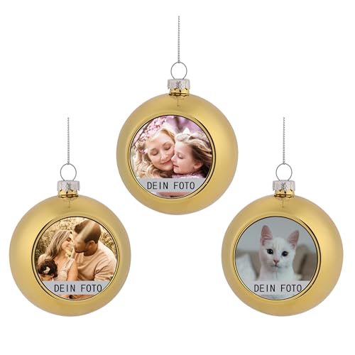 MilyaDE 3 Stück Weihnachtskugeln mit eigenem Bild, Kunststoff innen Glitzer Lametta 6cm, Christbaumkugeln Personalisierte selbst gestalten, Gold von MilyaDE