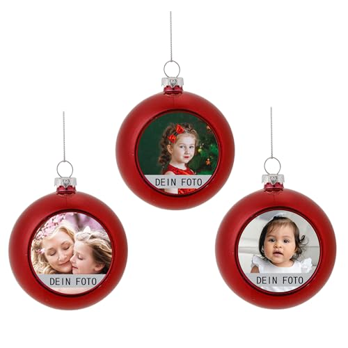 MilyaDE 3 Stück Weihnachtskugeln mit eigenem Bild, Kunststoff innen Glitzer Lametta 6cm, Christbaumkugeln Personalisierte selbst gestalten, Rot von MilyaDE