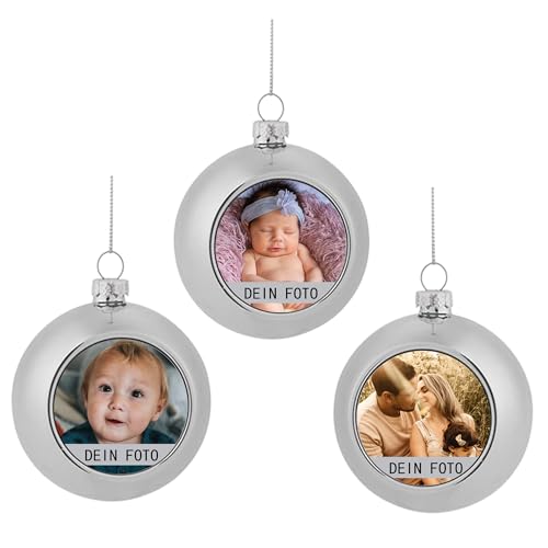 MilyaDE 3 Stück Weihnachtskugeln mit eigenem Bild, Kunststoff innen Glitzer Lametta 6cm, Christbaumkugeln Personalisierte selbst gestalten, Silber von MilyaDE