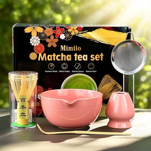 Pink Matcha Whisk Set, 5 Pcs Matcha Making Kit Includes Ceramic Match Bowl with Spout, Bamboo Whisk (chasen), Whisk Holder, Bamboo Scoop, Sifter, Matcha Starter Kit for Matcha Lovers von Mimiio