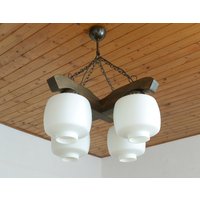 Rustikaler Xl Holz-Lüster Vintage Brutalist Hängelampe von MimisShelf