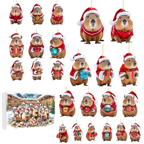 Mimoqk 24 Tage Capybara Adventskalender Weihnachtskalender,24 Türchen Countdown Bis Weihnachten - Capybara 2D Acryl Dekoanhänger Für Baum Wand Tür Fenster Deko Kinder Erwachsene von Mimoqk