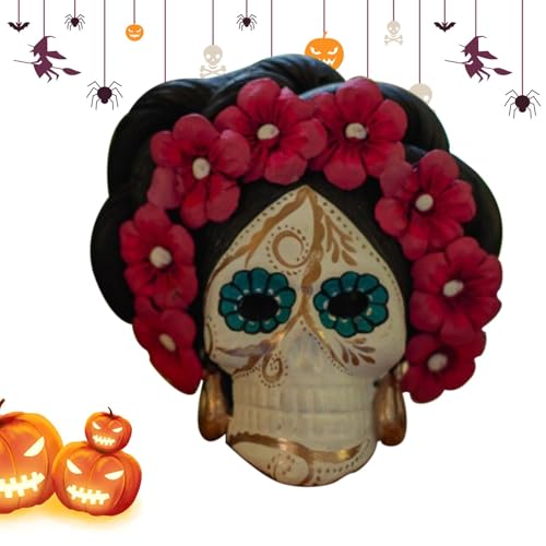 Mimoqk Harz-Zuckerschädel-Figur, Tag der Toten-Schädel-Statue, Blumen-Zuckerschädel-Dekoration, Skelett-Schädel-Statue, Tag der Toten-Skelett-Dekoration, Harz-Blumenschädel-Ornament für den Heimtisch von Mimoqk