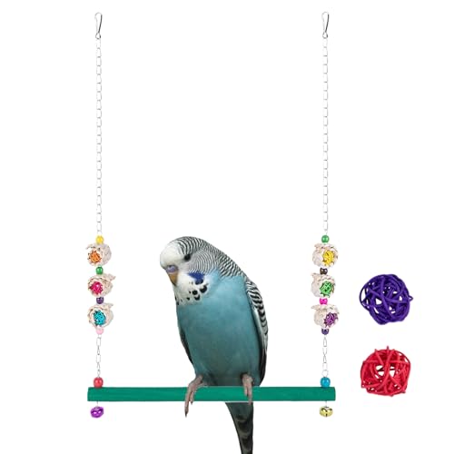 Mimoqk Schaukel für Vögel mit Glöckchen – Hühnerstallspielzeug mit 2 Bällen aus Rattan – Sitzstange aus Holz Spielzeug für Geflügel Henne Wellensittiche Kanarienvogel Mainate von Mimoqk