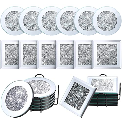 14 Stück verspiegelte Glasuntersetzer mit Halter-Set, 12 runde, quadratische verspiegelte Diamant-Untersetzer, 10.2 cm, Dekoration auf Tischplatte für Couch, Esstisch 14 Stück verspiegelte Glasuntersetzer mit Halter-Set, 12 runde, quadratische verspiegelte Diamant-Untersetzer, 10.2 cm, Dekoration auf Tischplatte für Couch, Esstisch von Mimorou