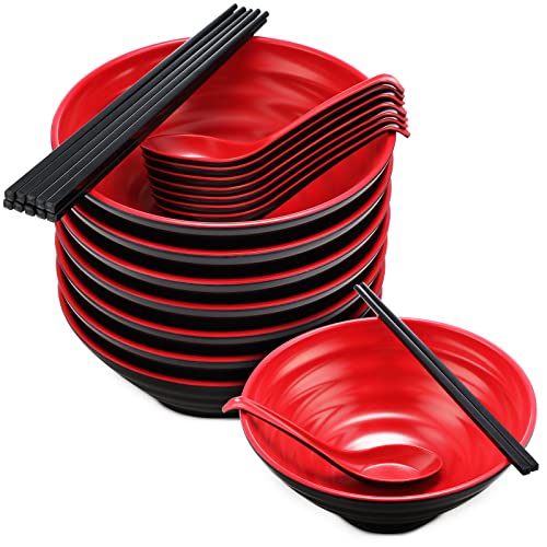 8 Sets Japanischer Stil Ramen Schalen Melamin Udon Nudelschalen Rot und Schwarz Große Pho Schalen Asiatisch Chinesische Suppenschalen Sets mit Ramen Löffeln Essstäbchen für Küche Restaurant Küche von Mimorou