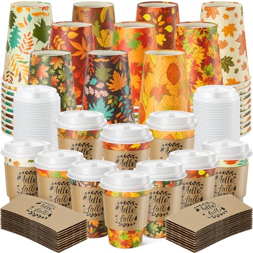 Mimorou Einweg-Kaffeetassen mit Deckel und Hüllen, 340 ml, Ahornblätter, Papp-Trinkbecher für Thanksgiving, Ernte, Herbst, Party, Restaurant, Geschäftsbedarf, 10 Stile (120 Stück) von Mimorou