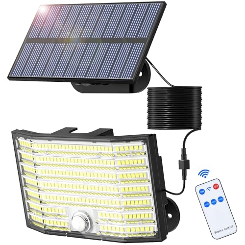 MinPea Solarlampen für Außen mit Bewegungsmelder, 1 Stück 226 LED Solarleuchten, 3 Modi Solar Strahler IP65 Wasserdichte, 180° Beleuchtungswinkel Solar Wandleuchte für Garten mit 5m Kabel, Kaltweiß von MinPea