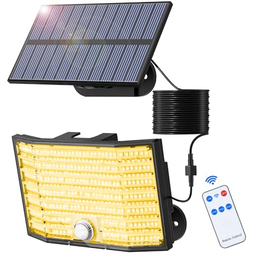 MinPea Solarlampen für Außen mit Bewegungsmelder, 1 Stück 226 LED Solarleuchten, 3 Modi Solar Strahler IP65 Wasserdichte, 180° Beleuchtungswinkel Solar Wandleuchte für Garten mit 5m Kabel, Warmweiß von MinPea