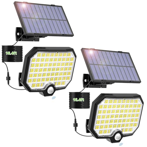 MinPea Solarlampen für Außen mit Bewegungsmelder, 2 Stück 252 LED Solar Strahler Super Helle 3 Modi Solarleuchten Aussen IP65 Wasserdichte Solar Wandleuchte mit 5M Kabel für Garten Garage von MinPea