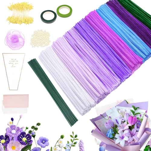 Pfeifenputzer zum Basteln, Pfeifenreiniger Blumen Set, 500 Stück 8 Farben Pipe Cleaner Flower Set, mit 20 Stück Grün Basteldraht, Bänder, Staubgefäße,Perlen für Blumenstrauß DIY Basteln, (Violette) von MinXin