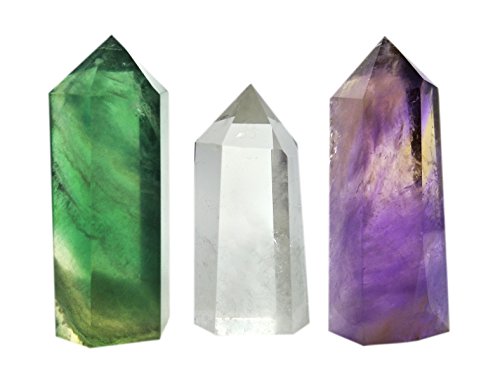 Lot de 3 baguettes en Cristal de guérison de 3 pierres : Quartz transparent, Fluorite, améthyste pointue et facettes Pour thérapie de méditation Reiki Chakra von Mina Heal