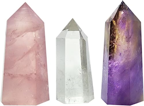 Lot de 3 baguettes en Pierre de guérison de 3 cristaux, Quartz Rose, Quartz transparent, améthyste, barres de prisme pointues et à facettes Pour thérapie de méditation Reiki Chakra von Mina Heal