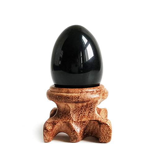Schwarzer Obsidian-Edelstein, Eierkugel mit Holzständer für Heilung, Meditation, Chakra, Balancing und Heimdekoration (kleine Größe) von Mina Heal