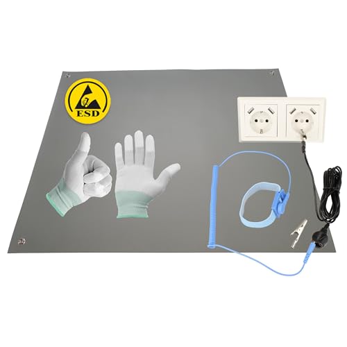 Minadax 60 x 40cm Antistatik ESD Computer Matte Tischmatte „Premiumqualität“ inkl. Manschette + 2,4m Verlängerung + ESD Handschuhe GR-L von Minadax